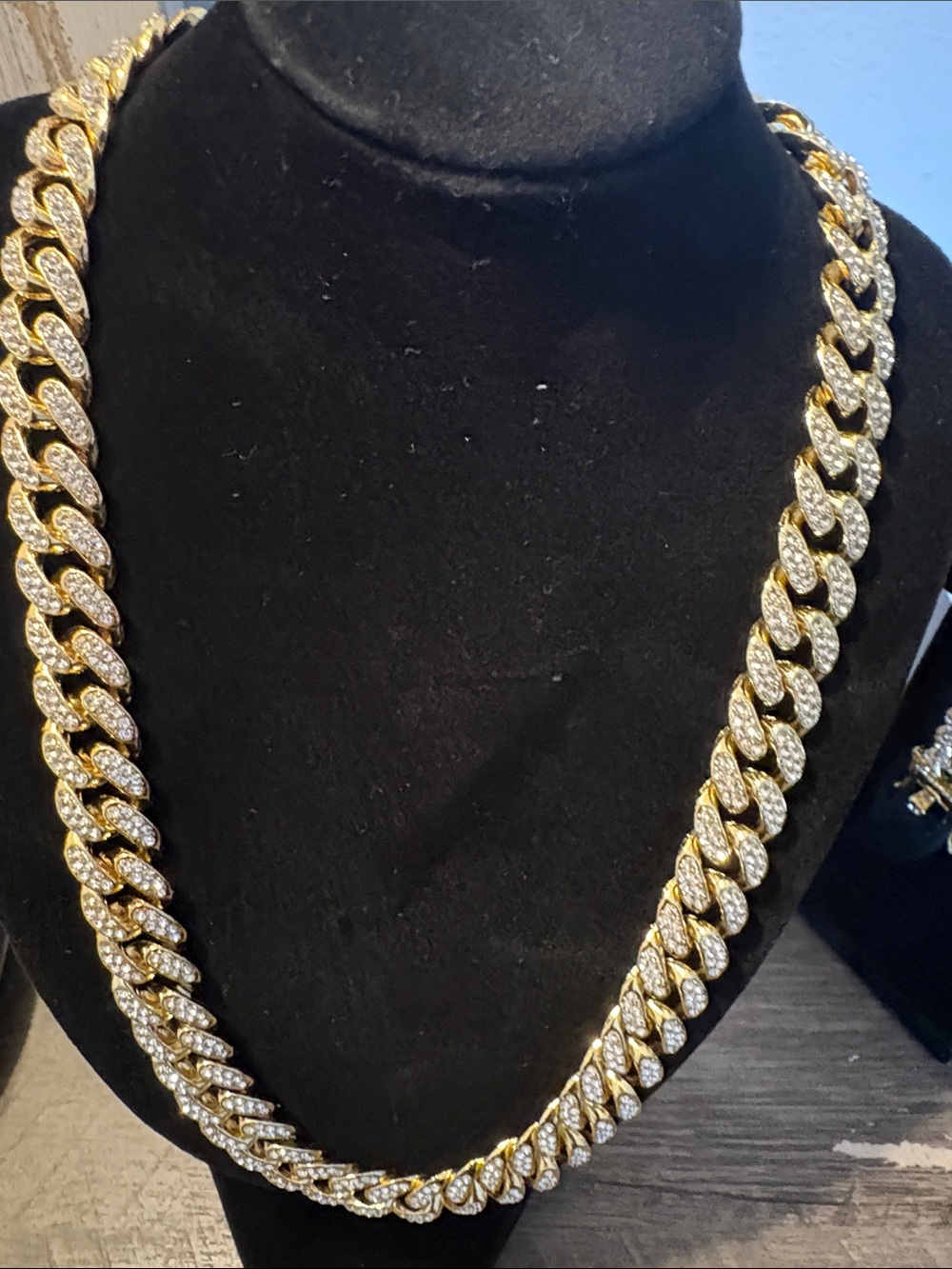 Gold Tone Rhinestone Cuban Link Necklace & Bracelet Set - Picture 2 of 5
